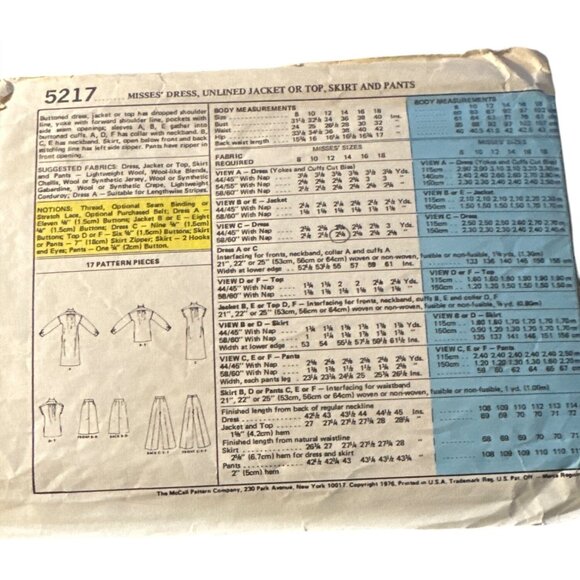 Vintage 70s McCalls 5217 Dress Jacket Top Skirt Pants Size 12 Sewing Pattern Cut - Picture 4 of 4